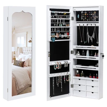 

Non Full Mirror Wooden Wall Mounted 4-Layer Shelf 6 Drawers 8 Blue LED Light Jewelry Storage Mirror Cabinet - White