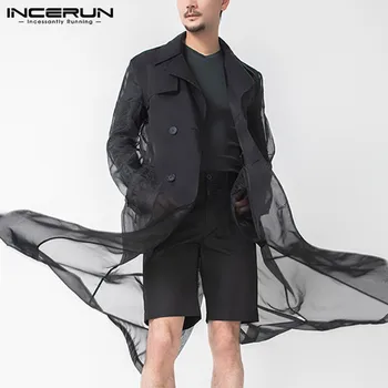 

Mens Mesh Trench Long Sleeve Lapel Long Jackets INCERUN Fashion Double Breasted Outerwear Thin See Through Streetwear Coats 5XL