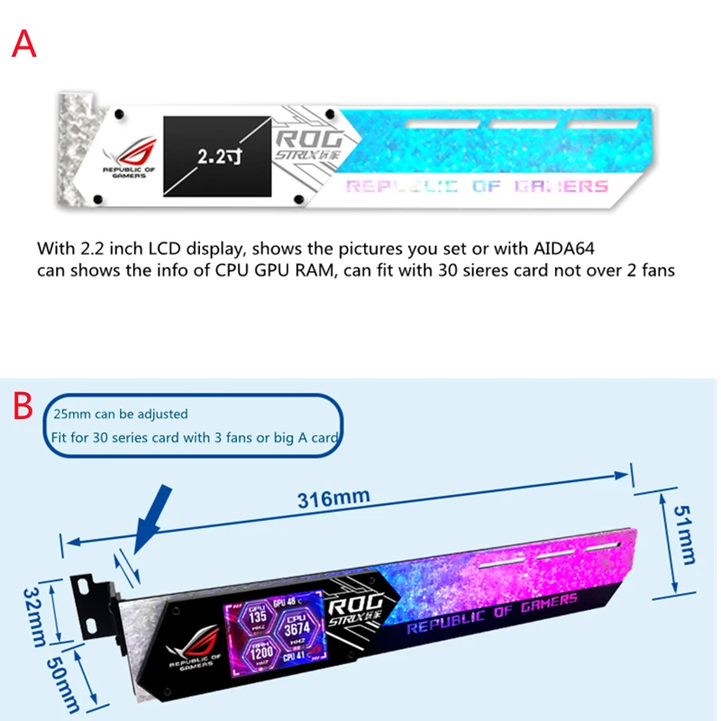 Suporte de Placa de Vídeo Gráfica para pc Suporte Vga com 2.2 Display Lcd Suporte Rgb Cpu Gpu Ram Monitor Aida64 Gabinete Gamer Diy - Imagem 2