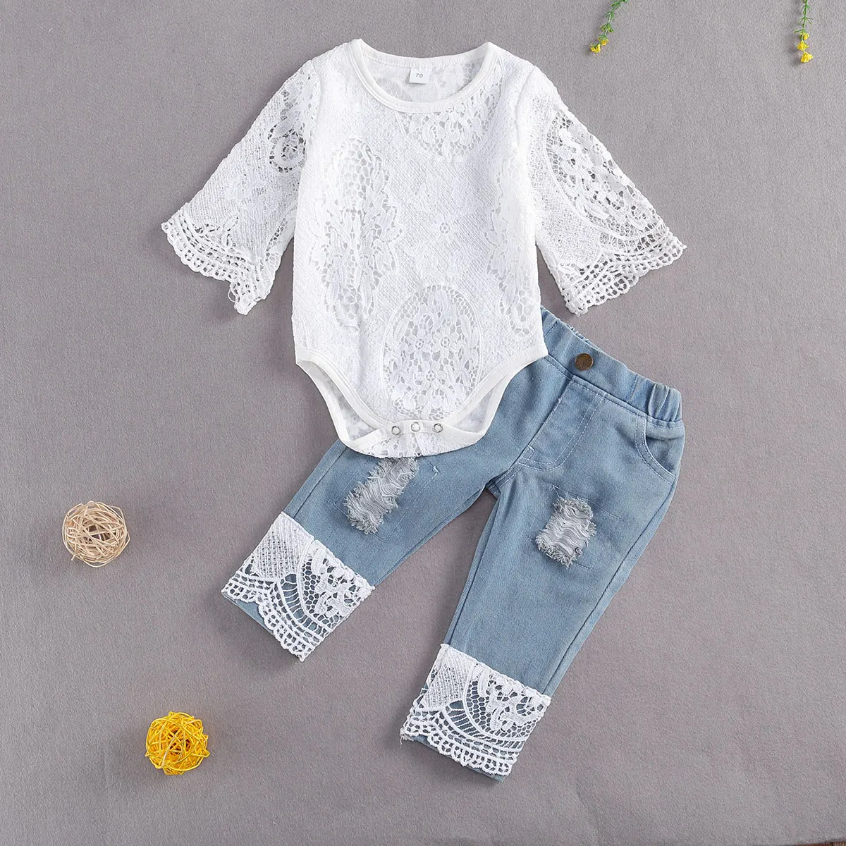 Baby Girls' 0-24M Long Sleeve Lace Romper Suit Triangle Crotch Round Neck top Jeans Denim Set | Детская одежда и обувь