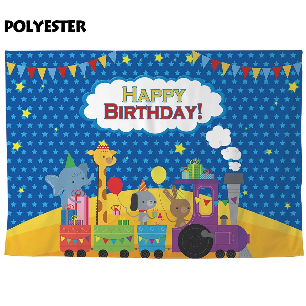 Allenjoy Happy Birthday Backdrop Flag Giraffe Elephant Dog Rabbit Little Train Stars Background Cloth Baby Shower Party Supplies