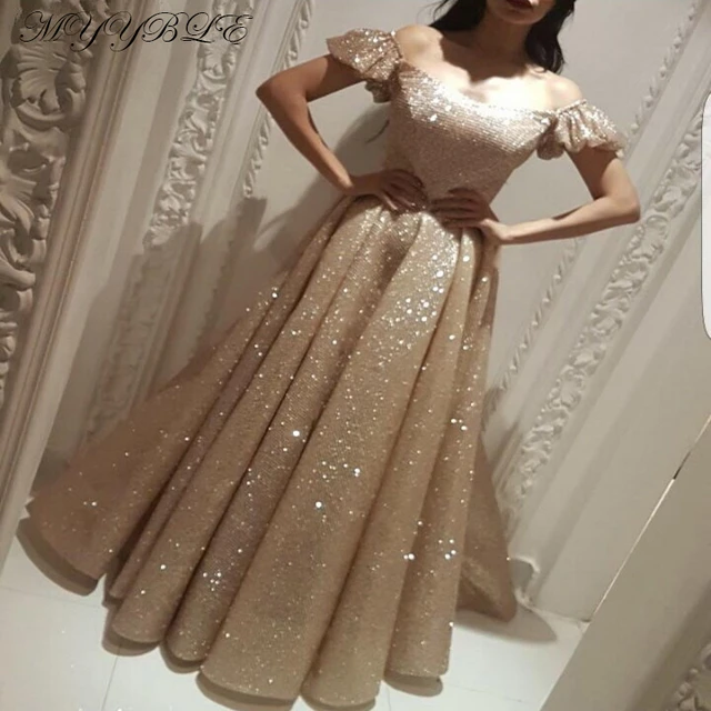 Robe de soiree 2020 Champagne Evening Dress Long A-Line Glitter Sequin  Saudi Arabic Women Formal Prom Evening Gown abendkleider - AliExpress