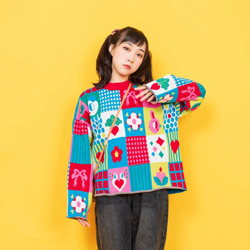 Japan Style Vintage Sweet Cute Flower Color Block Women Winter Pullover Sweater Cotton Ladies Knitted Jumpers Tops O Neck | Женская