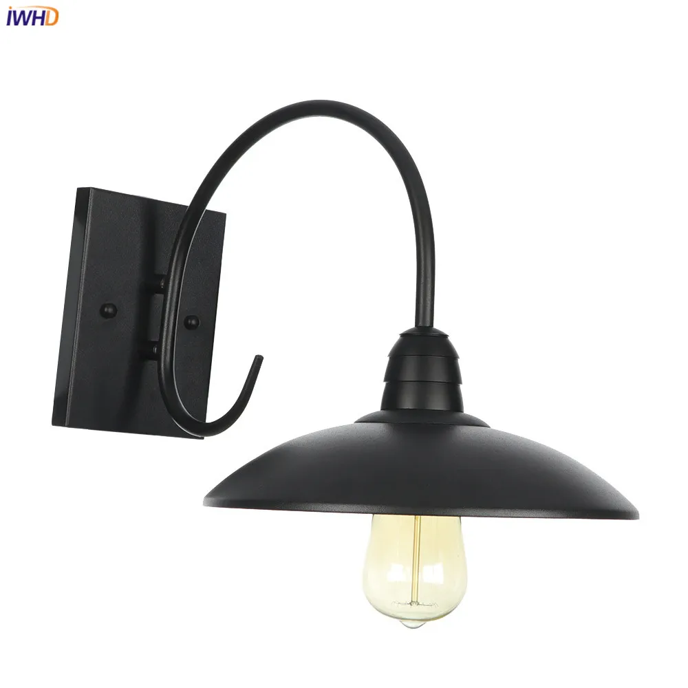 IWHD American Country Retro LED Wall Lights For Home Lighting Black Metal Bathroom Mirror Stair Light Glass Vintage Wall Lamp