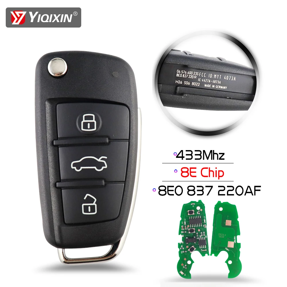 

Пульт дистанционного управления YIQIXIN с 3 кнопками, 433 МГц, для Audi A2 A3 S3 MQB A4 S4 A6 A6L S6 Q7 Cabrio Quattro Avant 2005-2012 8E Chip
