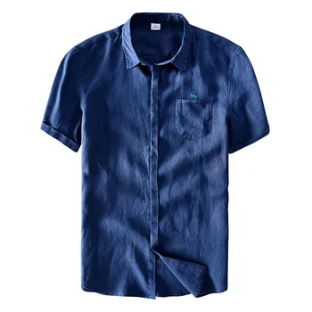 

new Casual Men shirt short sleeve Summer Men's shirts Baggy Solid Cotton Linen short Sleeve Button Pocket Harmont Blouse Top