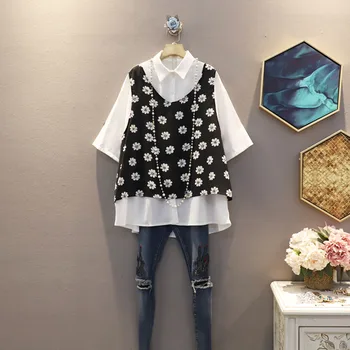 

[EWQ] 2020 Spring Summer New Pattern Lapel Short Sleeve Print Patchwork Fake Two Piece Casual Shirt Women 3AJ73400 Large Size
