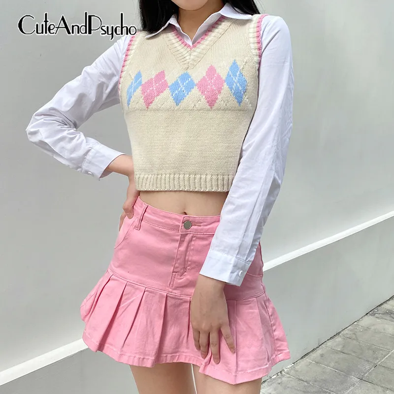 Autumn Harajuku Crop Tops Women Argyle 