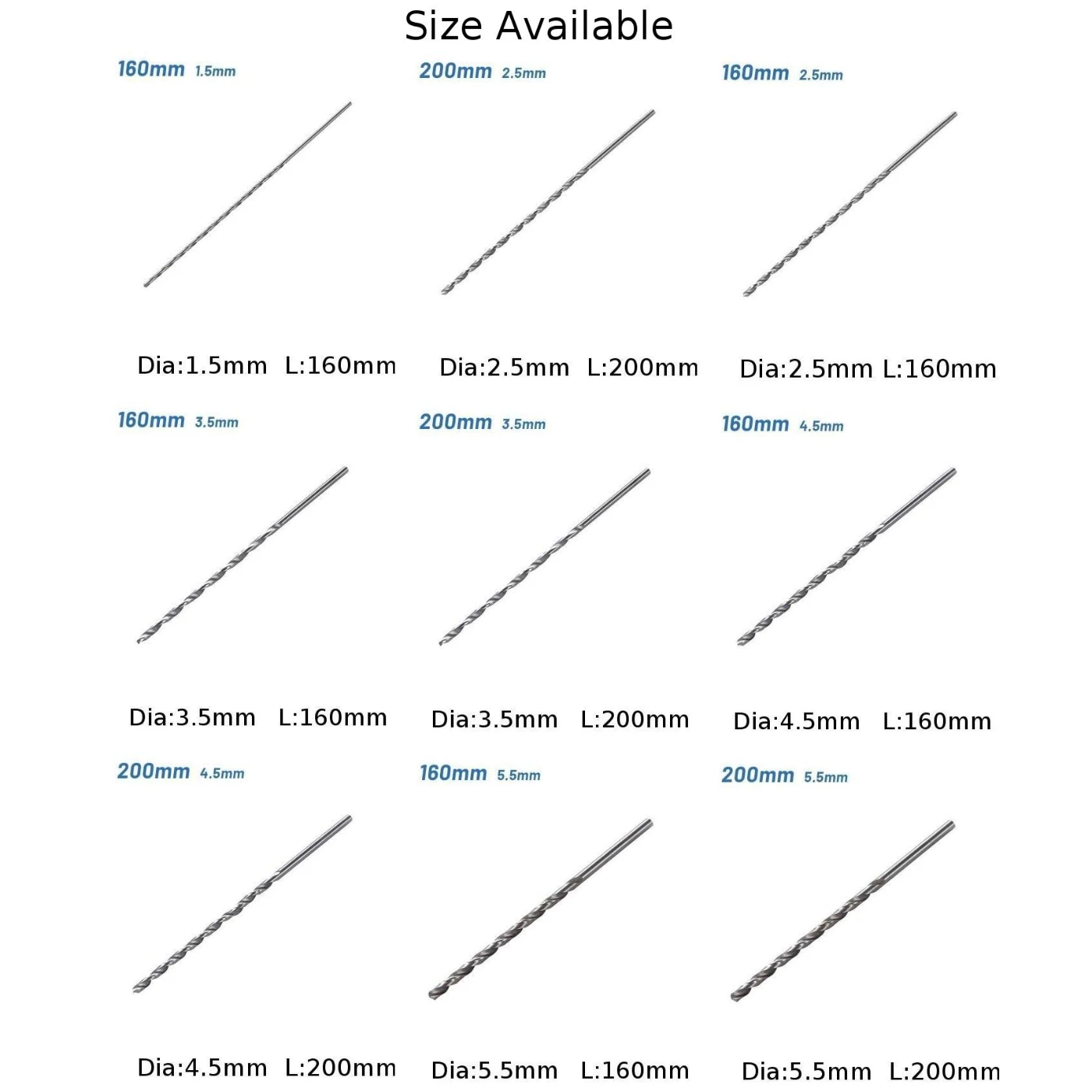 Drill Bit Set 1pc 160-200mm Diameter 1.5-5.5mm High Speed Steel Extra Long