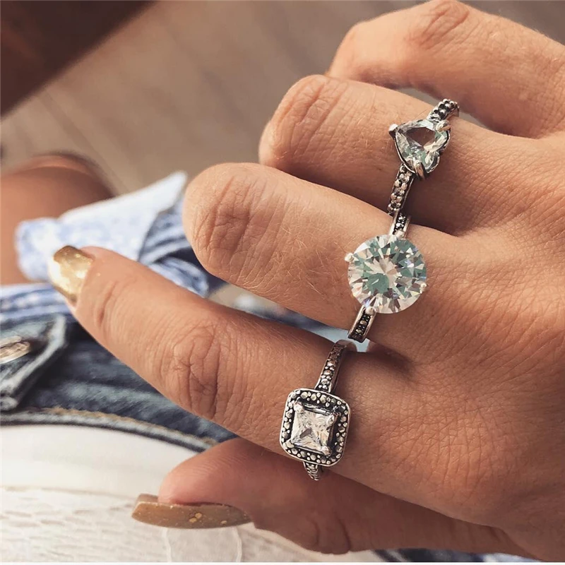 Vintage Flower Knuckle Ring Set Bohemian Retro Black Rhinestone Joint Nail Midi Finger Rings | Украшения и аксессуары