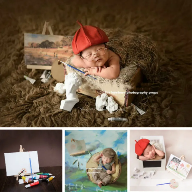 Newborn Phootgraphy Props Mini Paintbrush And Easel Paint Set Painter Hats Photo Accessories Artist Theme For Studio |