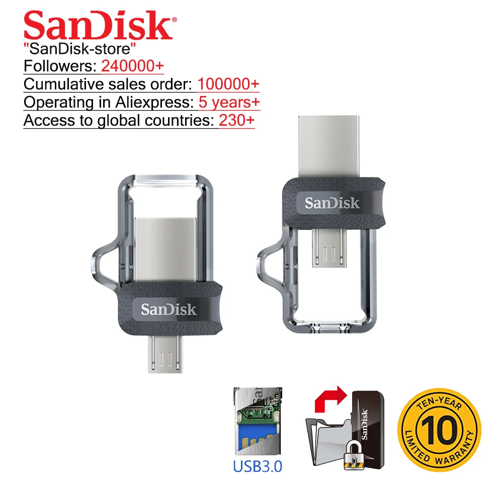 SanDisk двойной OTG USB флэш-накопитель высокоскоростной 150 м/с Флэшка OTG USB3.0 16 ГБ 32 ГБ 64 ГБ 128 ГБ 256 ГБ двойной портативный флэш-накопитель карта