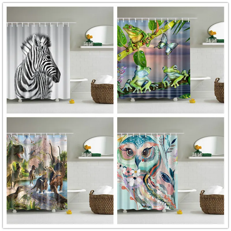 

Animals Style Shower Curtains Set With Hooks Waterproof Polyester Cloth Bathroom Screen Bath Curtain Fabric Owl, Frog, Horse