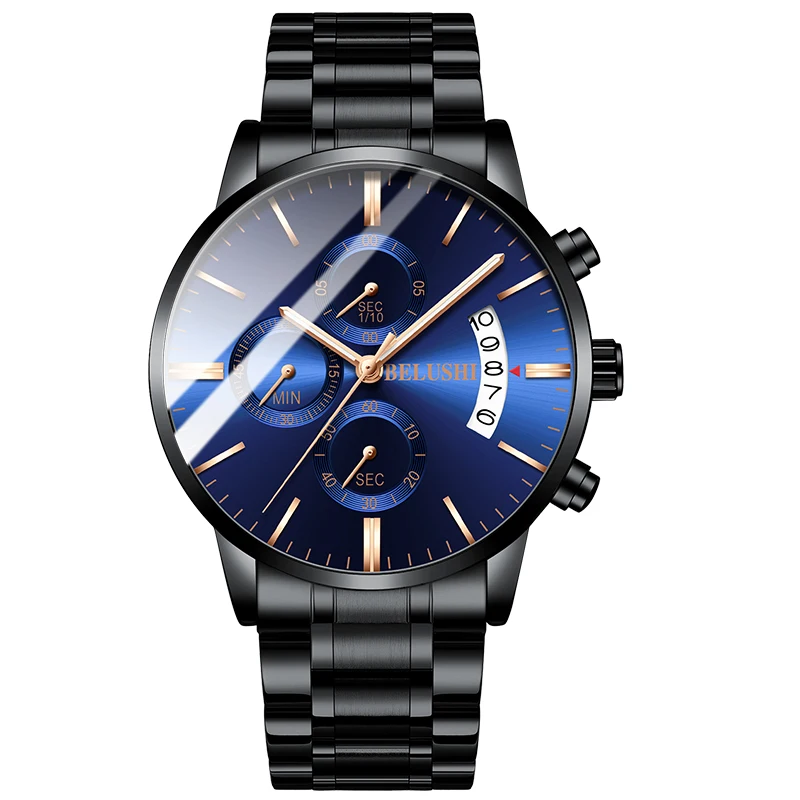 BELUSHI Модные мужские наручные часы Мужские Бизнес хронограф кварцевые часы из нержавеющей стали водонепроницаемые часы мужские Relogio Masculino - Цвет: Black Blue Gold