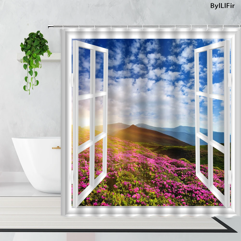 

3D Outside The Window Sky Flowers Landscape Shower Curtains Trees Ocean Home Bathtub Decor Waterproof Bath Curtain Garden Screen