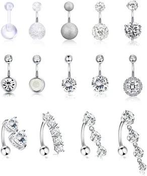 

14Pcs Stainless Steel Belly Button Rings for Women Girls Reverse Navel Rings Curved Barbell CZ Body Piercing Jewelry 14G