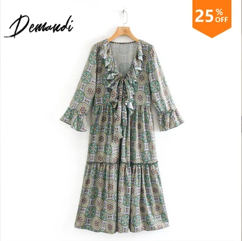 

Demandi Women's Spring and Summer New European and American Retro Floral Print V-neck Ruffled Hem Loose Dress