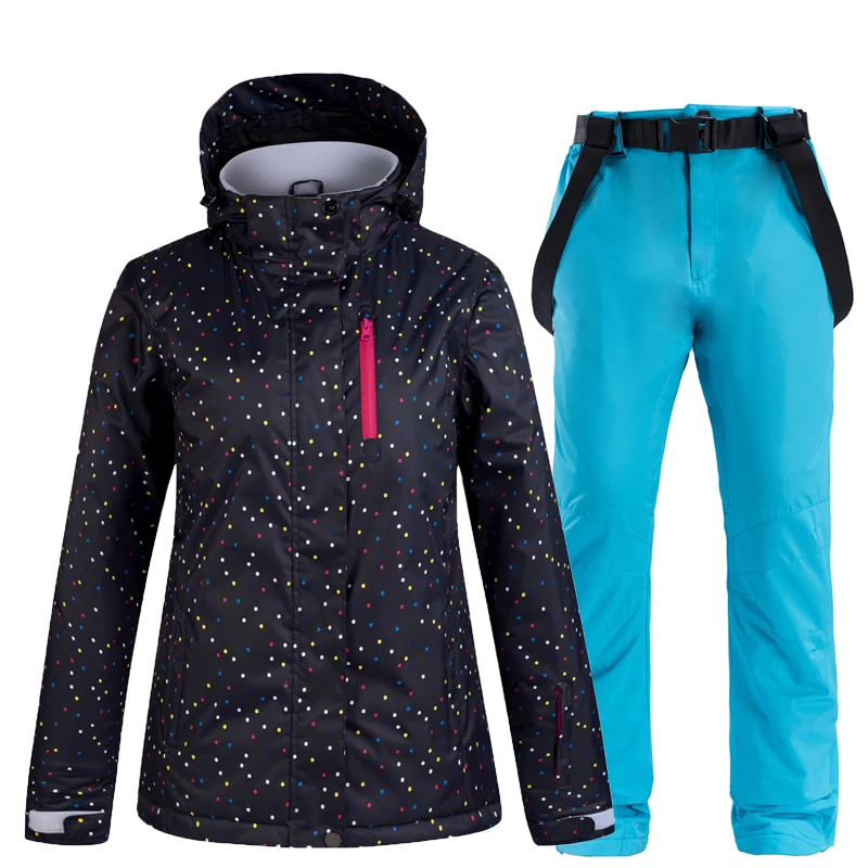 Недорогой цветной женский зимний костюм, женская одежда для сноубординга, зимние спортивные водонепроницаемые лыжные куртки+ снежный пояс, штаны