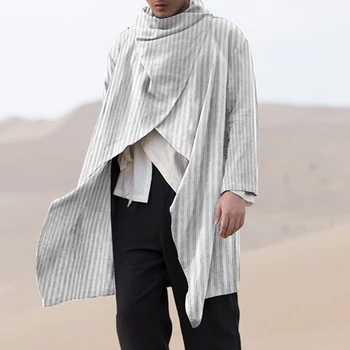 

Fashion Men Striped Trench INCERUN Long Sleeve Turtleneck Ponchos Cotton Retro Button Outerwear Irregular Coats Streetwear S-3XL
