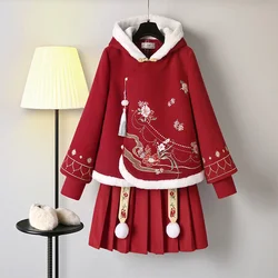 Costumes de Cosplay féerique pour femmes, broderie Hanfu, haut rouge, en coton, jupe plissée chinoise chaude, grande taille, hiver moderne 