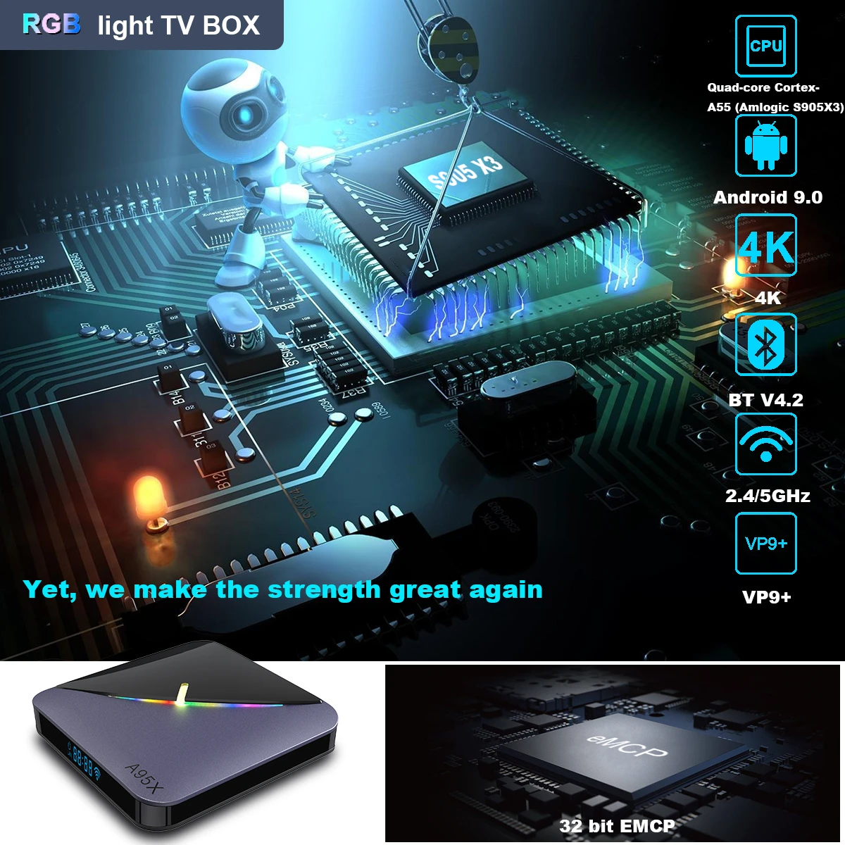 A95X F3 RGB Light S905X3 Smart TV Box Android 9.0 Support WiFi H.265 4K 8K 60 fps Netflix Media Player 4GB 64GB Set Top Box