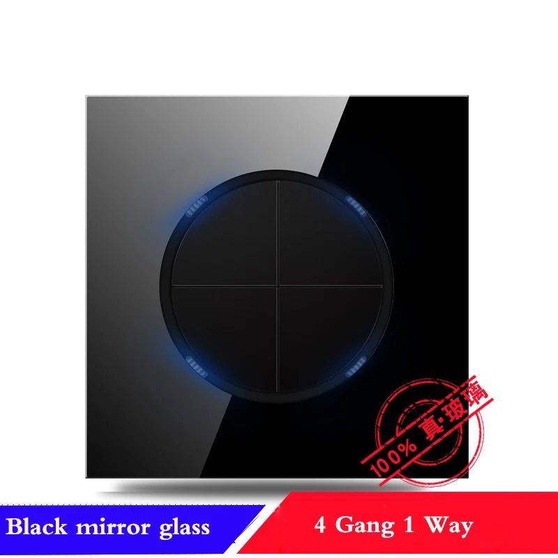 1 2 3 4 банда 1 способ 2 пути бытовой черный зеркальный стеклянный настенный выключатель розетка акриловая Светодиодная панель светильник переключатель гнездо 86*86 мм - Цвет: 4 Gang 1 Way