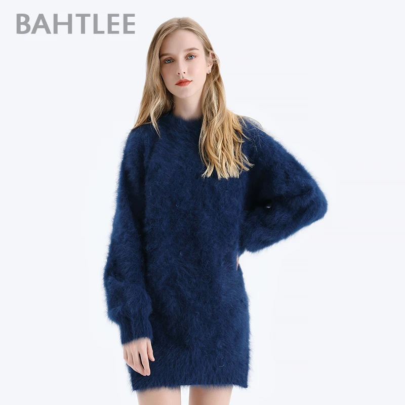 

BAHTLEE Women Angora Pullovers Denim Blue Sweater Autumn Winter Wool Knitted Jumper Long Sleeves O-neck Loose style