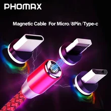 PHOMAX светодиодный магнитный USB 3 в 1 кабель для iPhone X Xs 6 и usb type C кабель и Micro USB нейлоновый Плетеный для samsung S9 Xiaomi USB C