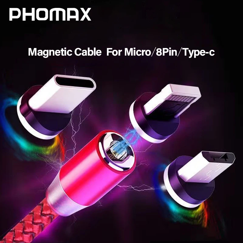 Магнитный светодиодный USB кабель PHOMAX 3 в 1 для iPhone X Xs 6 и Type C Micro нейлоновой оплетке