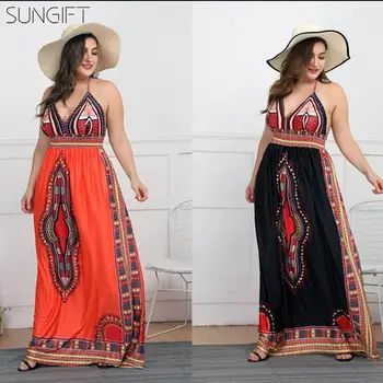 

SUNGIFT Women African Style Dresses Dashiki African Pattern Halter Maxi Dress Big Size Maxi Length Plunging Neck Backless Dress