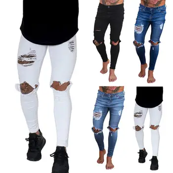 

Fashion Streetwear Men's Jeans Retro Black White Blue Dark Blue Skinny Tattered Jeans Tattered Low Waist Pants Men's Hip Hop Je