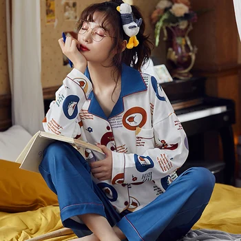 

Cartoons Printed Women's Pajamas Fold-down Collar Cardi-Korean-style Home Wear Large Size Students Pajamas