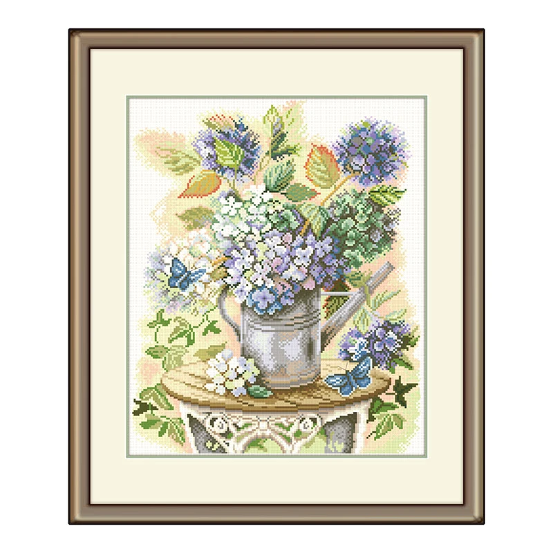 14ct Ivory White Embroidered Cloth Rustic Style Fishxx Cross Stitch B623 Blue Purple Hydrangea Flower Pot Hand Embroidery Kit | Дом и сад