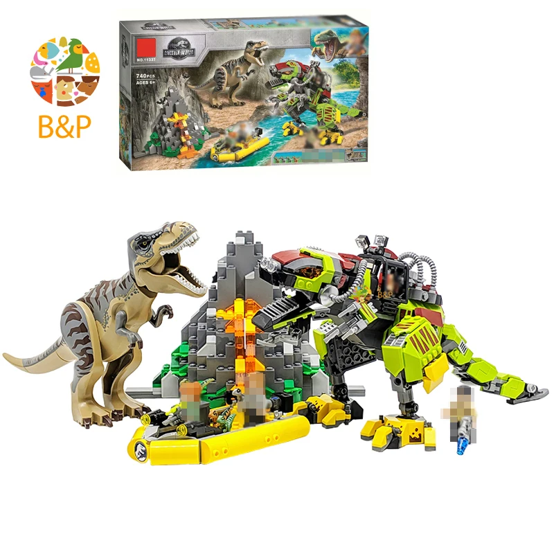 

New 75938 740pcs Jurassic World Series The T-Rex VS Dino-Mech Battle Model Building Block Toy For Children Gift 11337