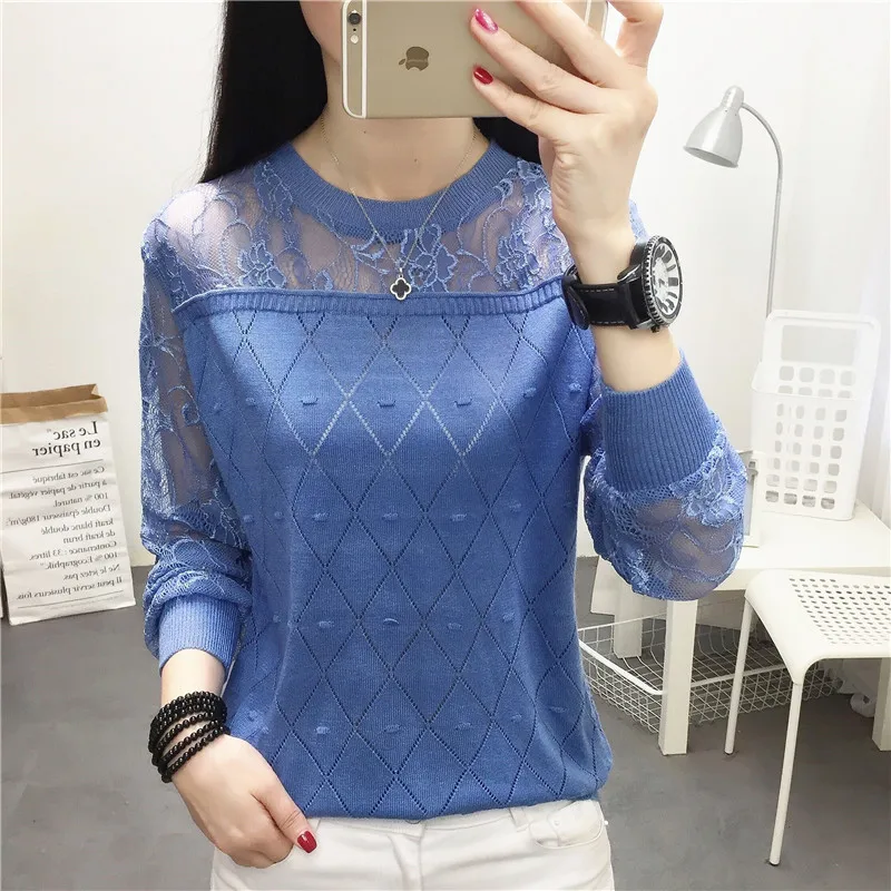 

Spring Summer Loose Women Pullover Sweater Hollow Out Sexy Lace Knitted Plaid Top Long Sleeve Thin Female Pullover and Sweater