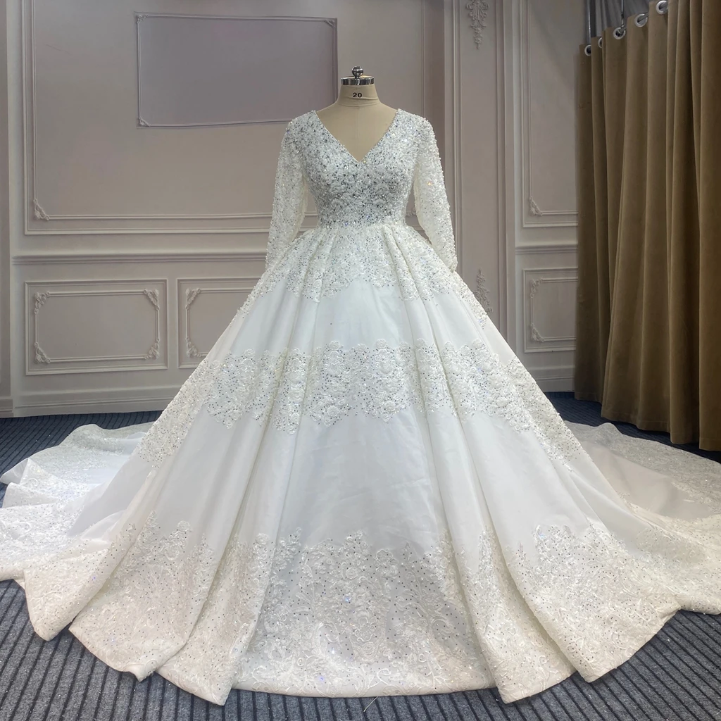 Marnham Luxury Wedding dress Woman Bridal Gown V Neck Long Sleeves Royal Train Plus Size Full Beads Vestido De Novia Custom 2022