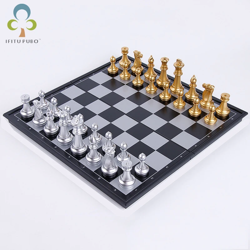 Buy Online Best Quality 1Set Gold silver black and white magnetic chess checkers foldable chessboard entertainment chess card game toy chess YJN