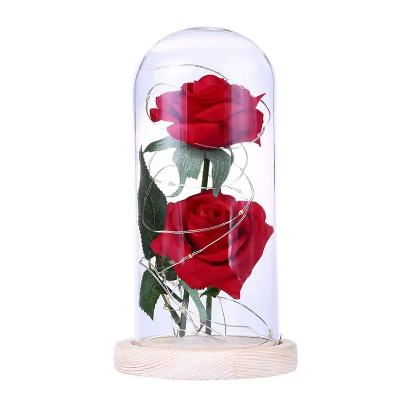 

Beauty Rose and Beast Led Light With Fallen Flower Petals in a Glass Dome On a Wooden Base Valentine's Day Anniversary Birthday