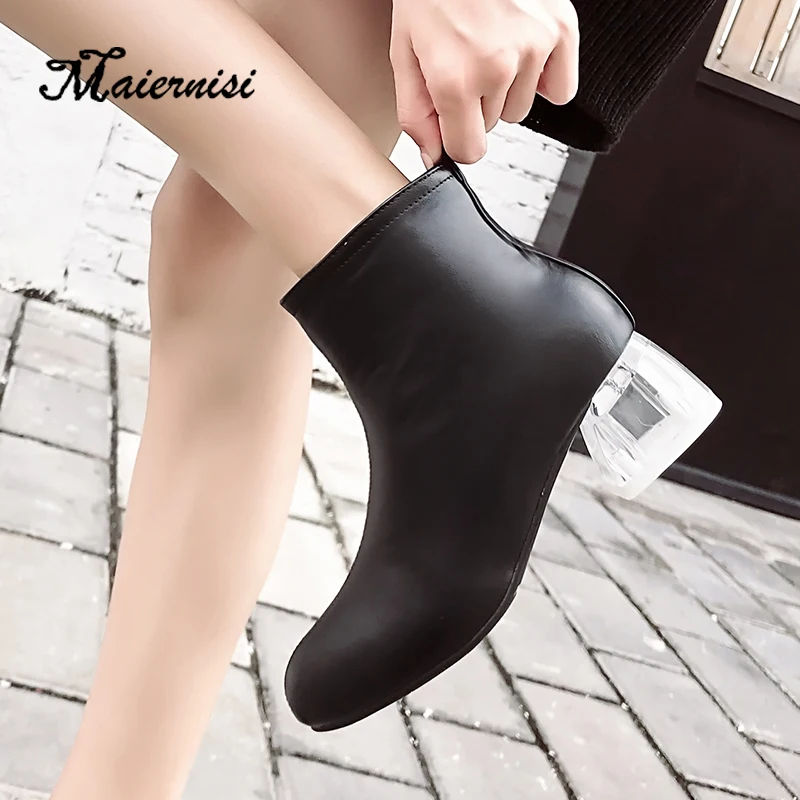 

MAIERNISI Winter Mid-Calf Boots Women's Thick Heels Casual crystal Shoes Woman Botas Femininas Boots New Fashion Women Shoes