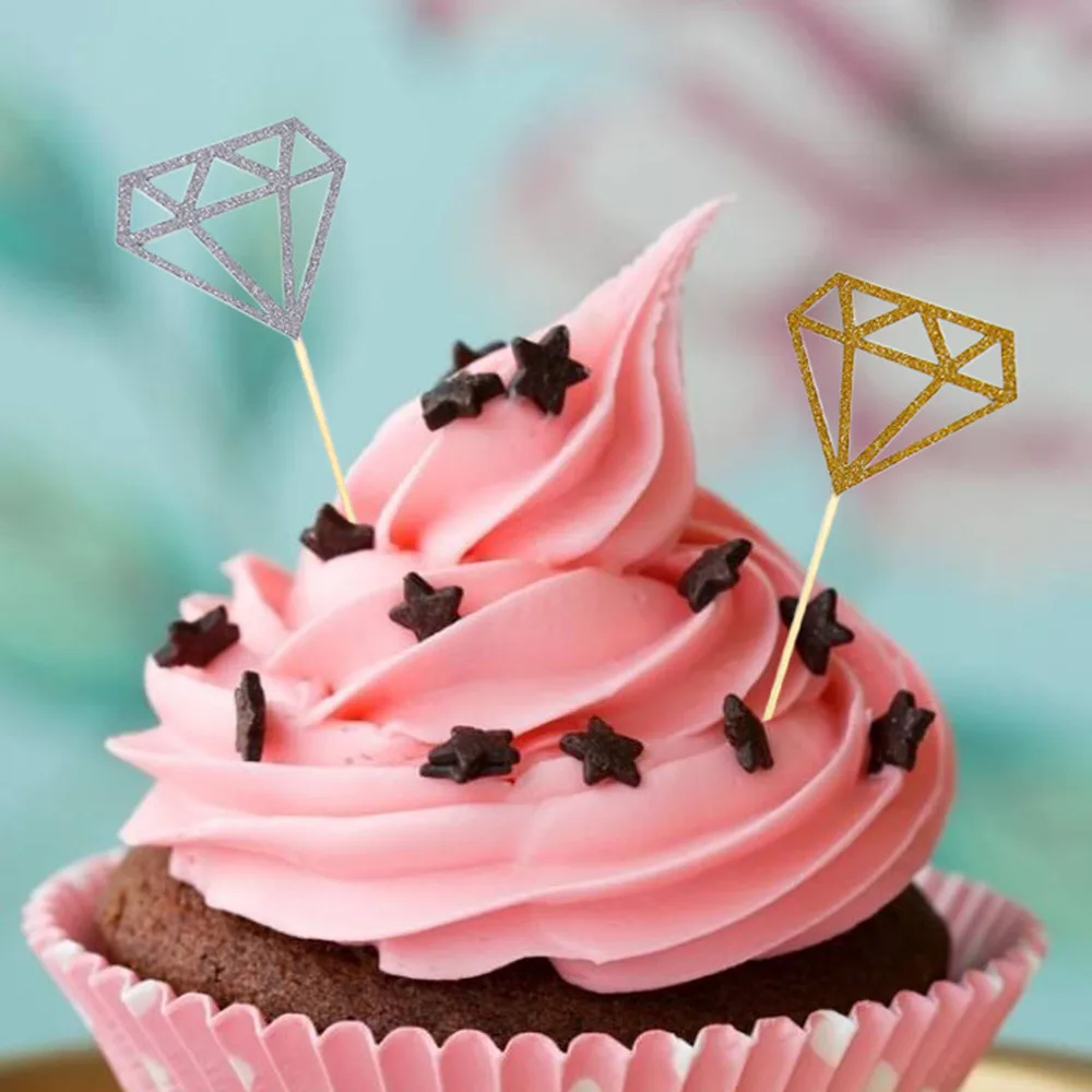 50pcs Lot Diamond Cake Topper Princess Gold Giltter Cupcake Birthday Cake Decorating Tools Kids Baby Party Decoration Bakeware