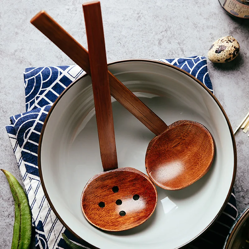 4 шт деревянные ложки, набор больших деревянных ложек в японском стиле, ковш для супа Ramen, столовая ложка с длинной ручкой, кухонная ложка-ситечко, посуда