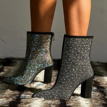 

Fashion Bling Crystal Rhinestones Women Boots Square Heels Shoes Sexy Pointed Booties Thick Heel Night Club Party Boots