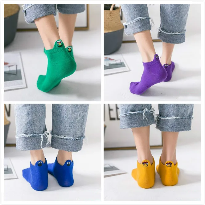 color 5 4 Pairs/lot Women Socks Kawaii Embroidered Expression Boat Socks Candy Color Cotton Breathable Ankle Socks Unisex Funny Socks - Цвет: color 5