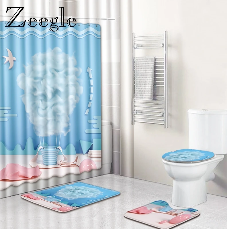 Zeegle Print Mat Set for Bathroom Toilet Shower Curtain with Hooks Toilet Anti-slip Soft Foot Rug Pedestal Rug Bathroom Products