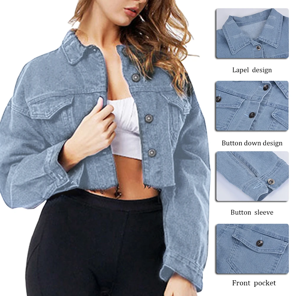 NIBESSER Женская Сексуальная рваная укороченная джинсовая куртка черная синяя с длинным рукавом короткая джинсовая куртка Высокая уличная однобортная короткая куртка