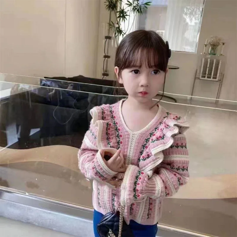 

Kids Clothes Autumn Newborn Baby Girl Knitted Long Sleeve Autumn Sweater Cardigan Ruffles patchwork Flower Outwear Casual Tops
