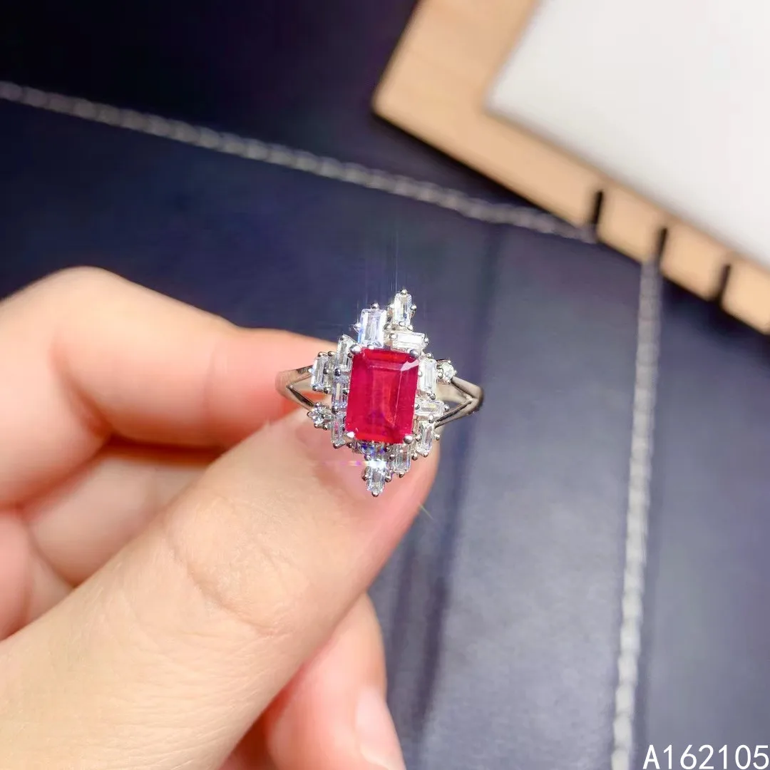 

925 Pure Silver Chinese Style Natural Ruby Women's Luxury Elegant Rectangle Adjustable Gemstone Ring Fine Jewelry Support Detect
