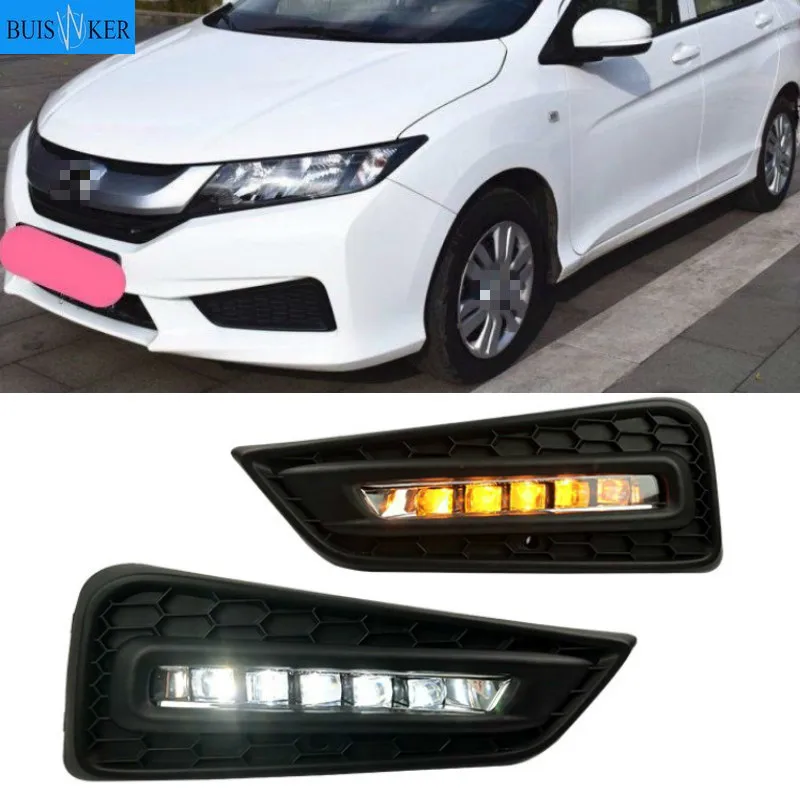 

Светодиодный дневной светильник s для Honda City 2015 2016 2017 колпак противотуманных фар LED drl с желтым сигнал поворота светильник Тюнинг автомобилей