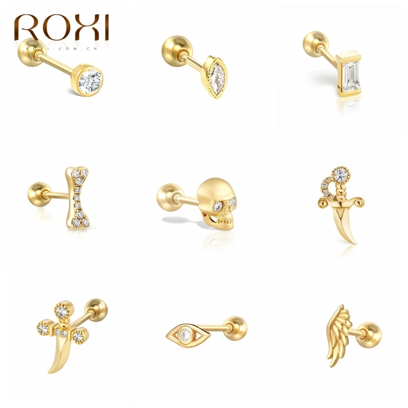 ROXI-Pendientes de tuerca de circonita pequeña para mujer, aretes de esqueleto, ojos, hueso, geometría, Plata de Ley 925, 925