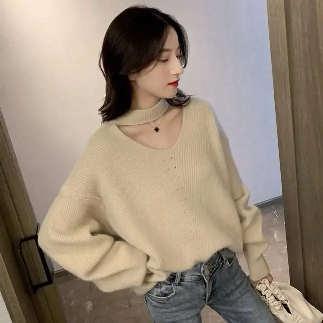 apricot pullover Woherb свитер женский сплошной цвет выдалбливают трикотажные пуловеры с длинным рукавом Свободные Джемперы корейский Повседневный Модный Pull Femme 90999 - Цвет: apricot pullover